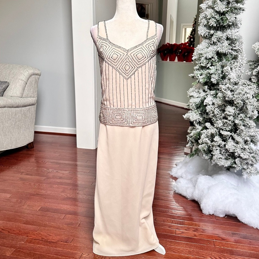 Vintage 2000s R&M Richard's Beige Beaded Embellished‎ Formal Gown Maxi Dress